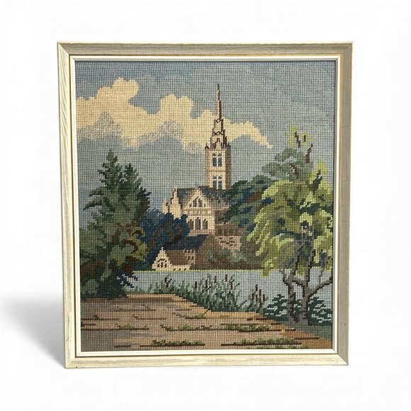Vintage Handmade Cross-Stitch Framed Church River Scene Religious Cottagecore - Picture 1 of 5